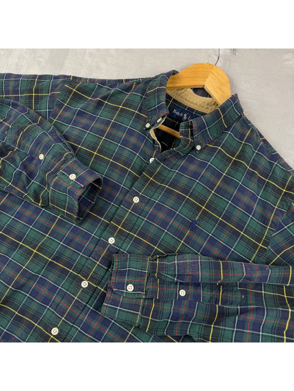 VTG Polo Ralph Lauren Green Navy Tartan Plaid Button Down Shirt L Corduroy Trim